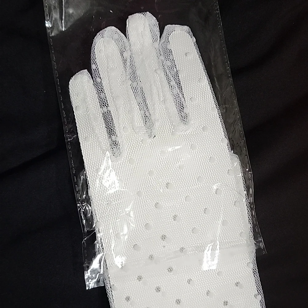 New Sheer Polka Dot Bridal Gloves White Tulle Mesh Ruffle Cosplay Dress Up Lace